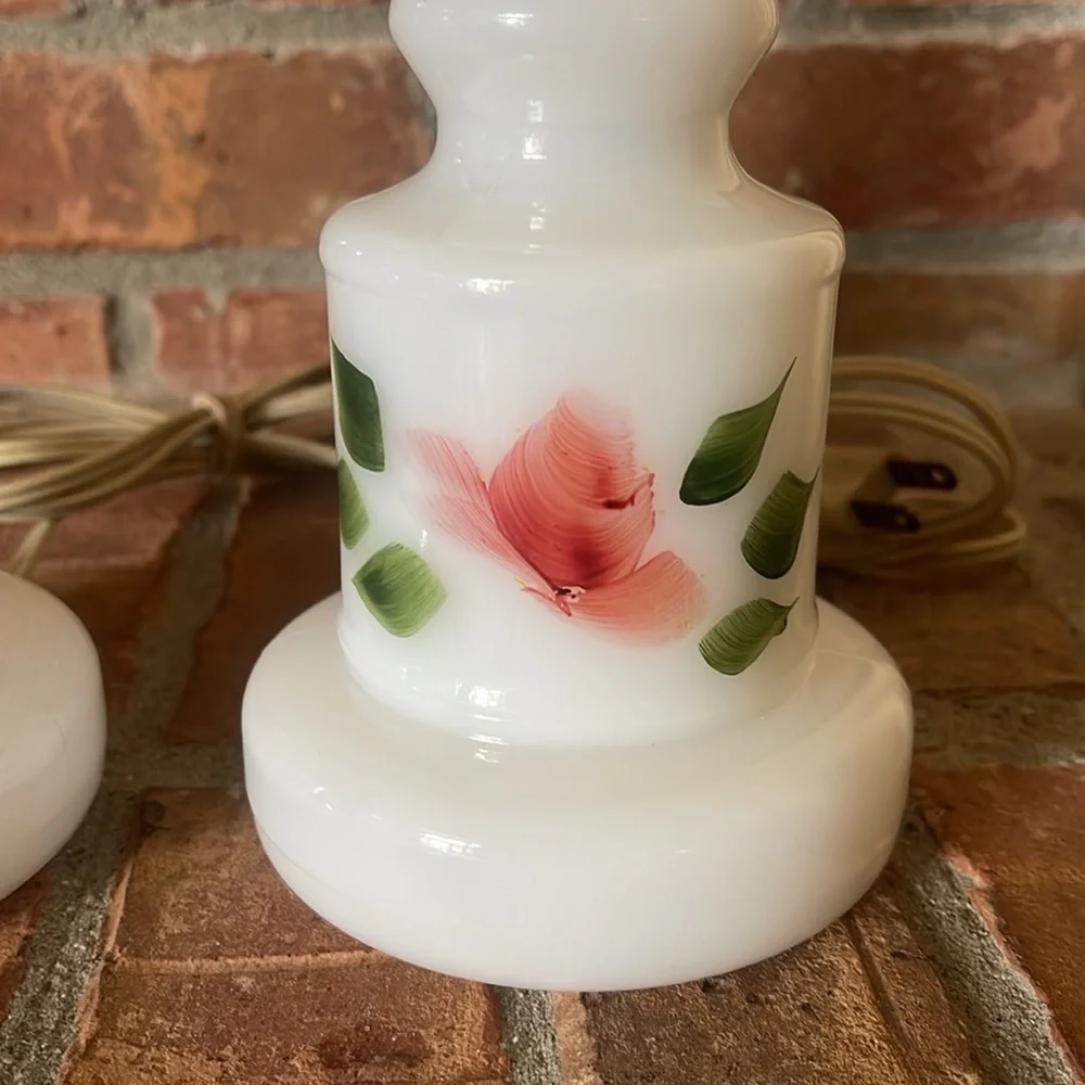 Vtg Milk Glass Hand Painted Floral Lamps Set of 2